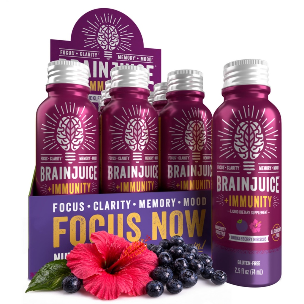 BrainJuice Brain and Ammuniune Shot, Gluten Free Suplement Shots for Energy, Focus, Imuniance with Vitamin D, C B, Alpha GPC & Organic Ginger Root, Huckleberry Hibiscus, 2.5 lf oz, 12 Pack