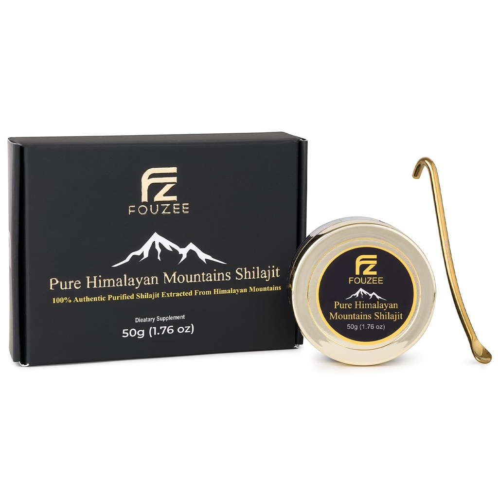 FouZEE Pure Himalaya Mountains Shilajit - 77% + Fulvic Acid Acid Hard Concontency, Natural Source of Fulvic Acid, Over 85 Trace Mineces, Includes Stainless Steel Spoon (50 Grams)
