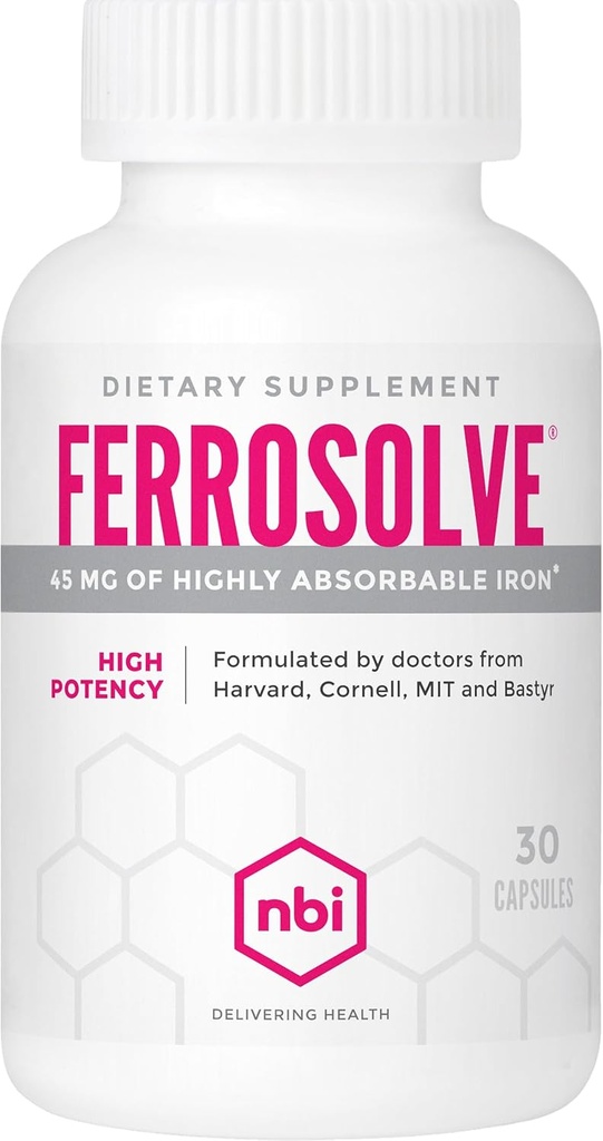 NBI FerroSolve, Iron Suplemen Absorpsi Terbaik 45 mg 124; Potency Tinggi 124; GI Safe 124; 30ct Veggie Capsules
