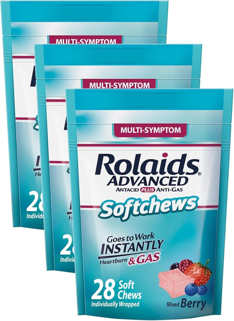Rolaids Advanced Antax Plus Anti- Gas Softchews, 28 Count, Mixed Berry, Heartburn and Gas Relief (Paket 3)