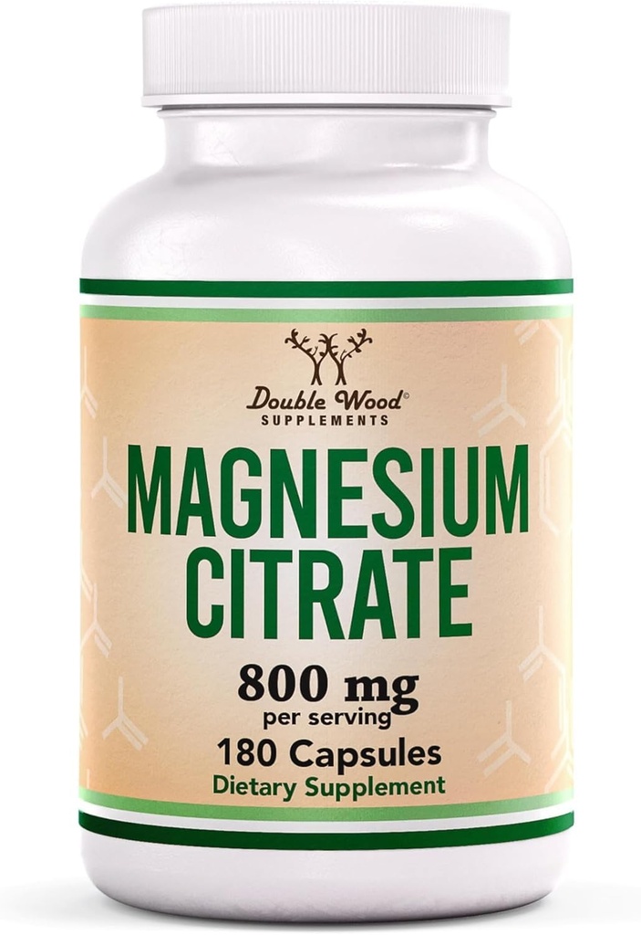 Magnesium Citrate 800mg, 180 Capsules, Distoling & Constipation Support, Vegan Safe, Non-GMO, Double Wood Suplemen
