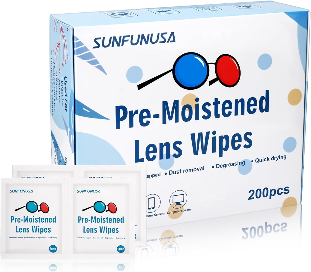 200 Count Lens Cleaning Wises- Pre- Moistened Individually Wrapped Eyeglass Wipes Optical Screen Cleaner Free Fast Drying
