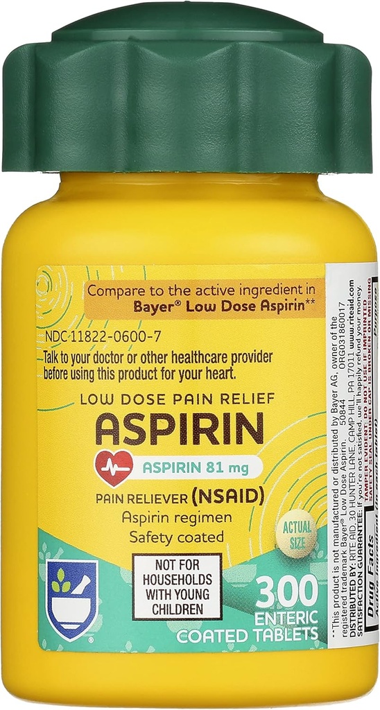Rite Aspirin Entertaic Tablet, 81 mg Aspirin - 300 Count, Rite Dose Relief, Aspirin for Headache Relief, Relief keselamatan Hiburan, Aspirin Regimen, Migraine Medicine, Such Relief