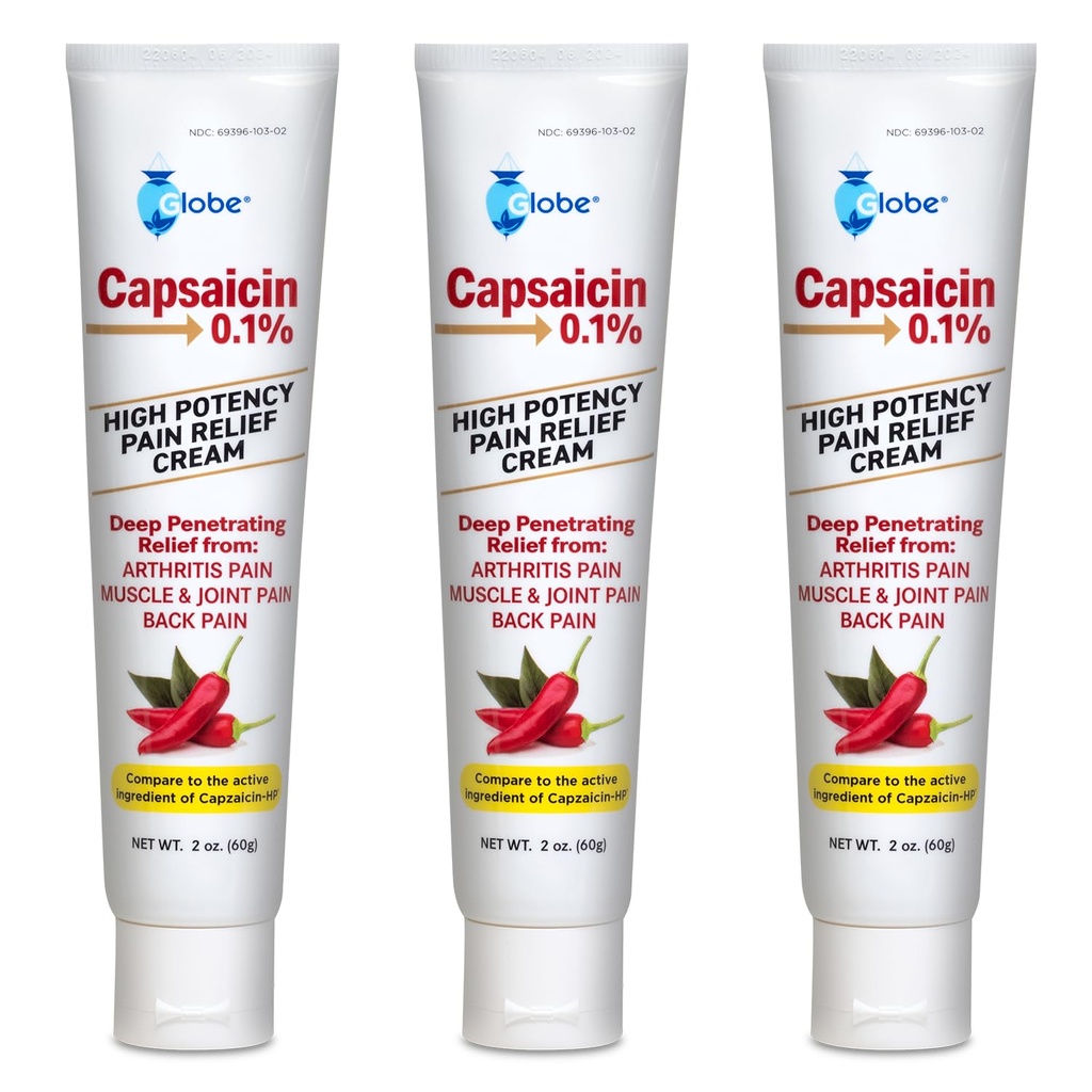 Globe (3 Pack) Capsaicin 0.1% Potency Pain Relief Cream, Unscented (2 oz) Relief Penetrasi Dalam: Arthritis, Muscle, Gabungan dan Kembali Pain