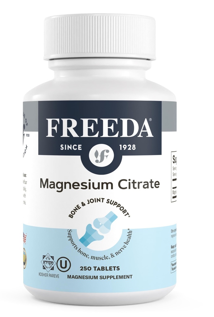 Freeda Magnesium Citrate 400mg Per Serving - High- Absorpsi Magnesium Citrate Tablet - Estial Mineral untuk Nerve & Bone Health - Vegan, Kosher, Gluten- Free Magnesium Suplemen (250 Ct)