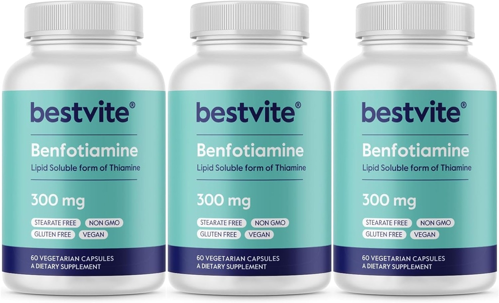 Benfotiamine 300mg (180 Vegetarian Capsules) (60x3) No Stearate - No Silicon Dioksida - Vegan - Non GMO - Gluten Free