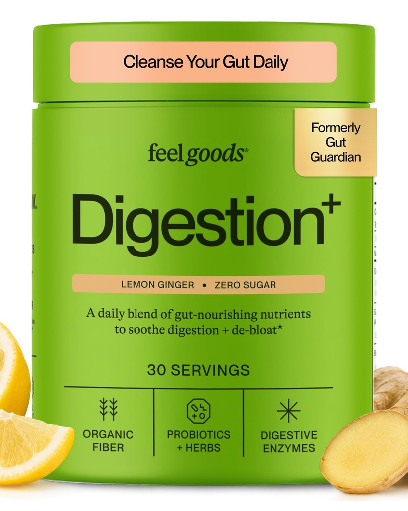 Feel Goods Gut Guardian, Organic Fiber, Probiotic & Prebiotic Powder, Sugar Free, Herbs for Bloat, Gut Health Support, Digetical Health for Men & Women, Non GMO, Vegan, Lemon Ginger, 30 Servis