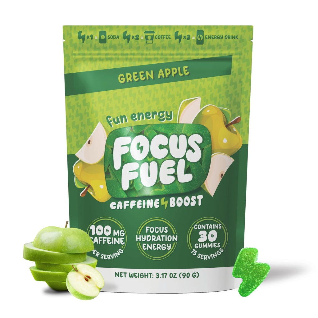 Pembuatan Energi Fokufuel - Green Apple Flavor (15 Pelayan) - 100mg Caffeine + B12, Magnesium, Alpha GPC - Boost Focus & Energy - No Crash or Jitters