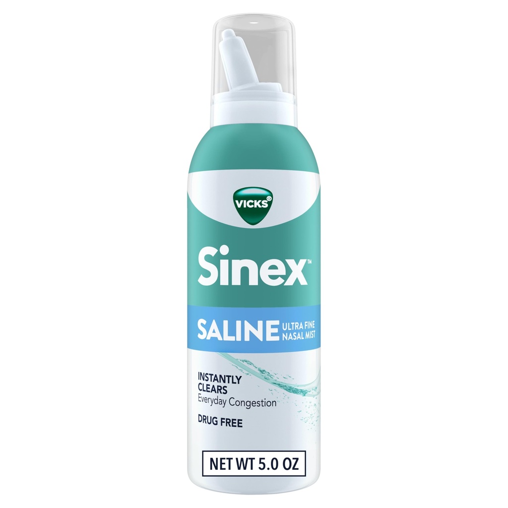 Vicks Sinex Saline Nasal Spray, Drug Free Ultra Fine Mist, Clear Everyday Sinus Contraffic Fast, Clear Mucus from a Cold or Allergy, Daily Use 5.0 lf oz