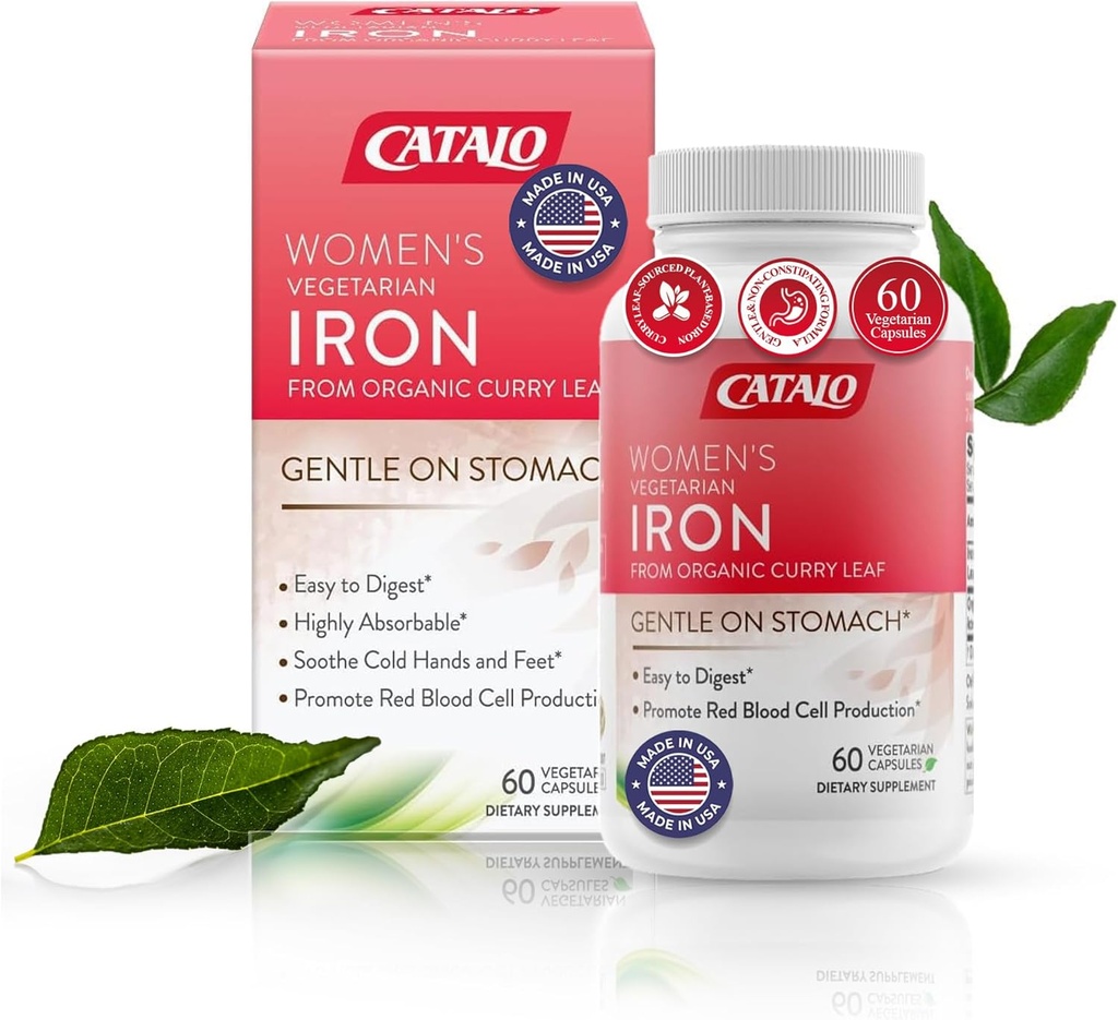 CATALO Iron Supplement for Women with Organic Curry Leaf - Gentle, High Absorpsi, Vegearian- Friendly, Stomach- Easy Formula-60 tablet