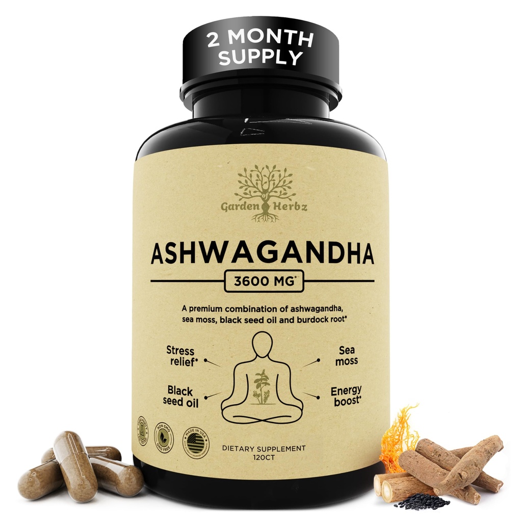 Akar Ashwagandha Organik & Irish Sea Moss - 3.600 mg Aswagandha Suplemen dengan Minyak Benih Hitam, & Burdock Root untuk Energi, Tenang, Mood, & Wellness, 120 Caps