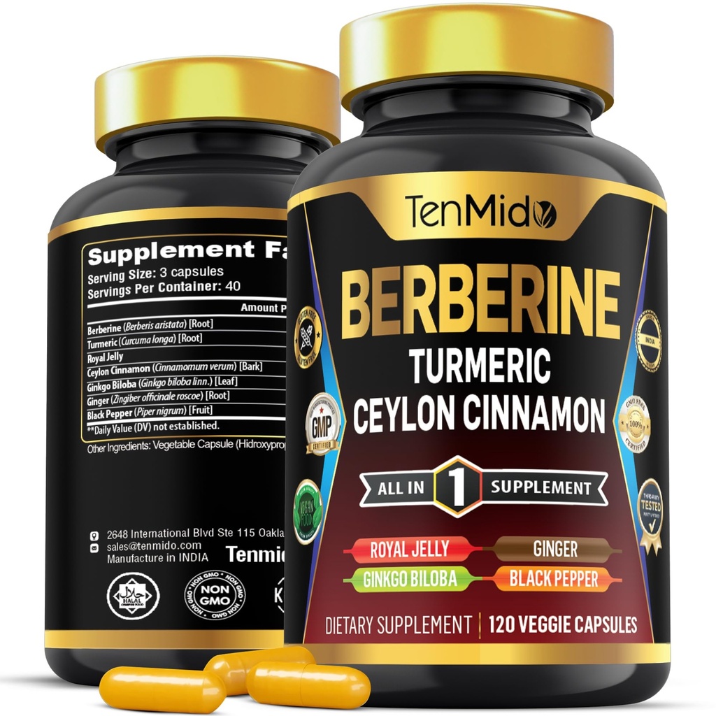 Suplemen Berberine - 7in1 Formula - Combine dengan Turmeric, Royal Jelly, Cinnamon Ceylon, Ginkgo Biloba, Ginger & Black Pepper - Kesehatan Digetical, Dukungan Ammune - 120 Capsules