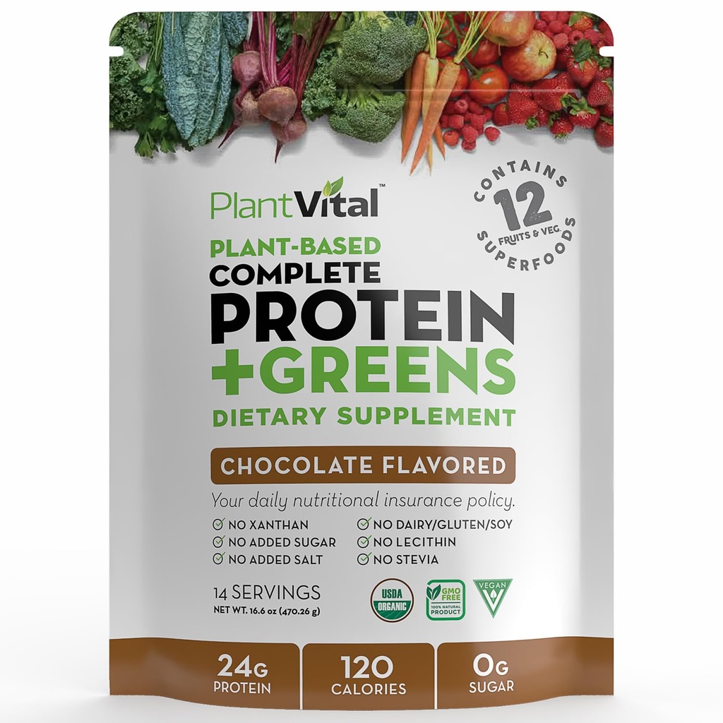 Plantvital Vegan Powder Plander Powder, Powder Chopper Organik 24g / 0g Sugar, 12 Superfood, Vegies, Progine, Raw Cocoa, Kale, Beets, Spirulina, Pea, Gluten- Free, Keto- Friendly, 16oz
