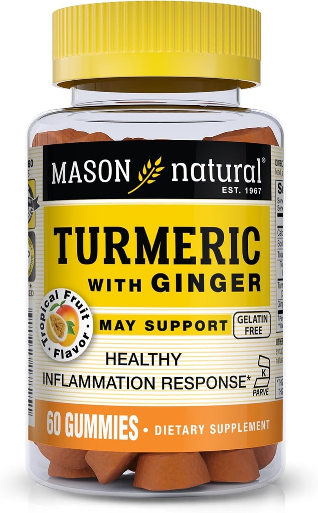 MASON NATURAL Turmeric dengan Ginger Gummies, Natural Joint Dukung & Antioksidant Formula, Tropical Fruit Flavor, 60 Gummies