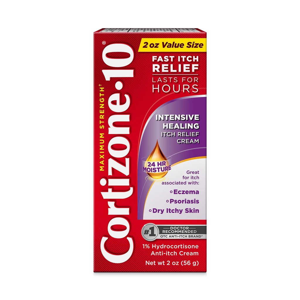 Cortizone -10 Maximum Healing Itch Relief Cream, 1% Hydrocortisone, Fast-Acting, Anti- Itch Cream for Bug Bite, Rash, Eczema, Psoriasis, Poison Ivy, Oak, Sumac & More, 2 oz