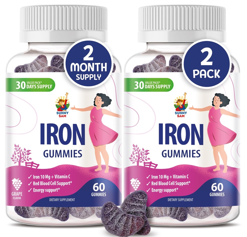 SUNNY SAM Iron Gummies for Kids & Dewas - Iron Vitamin with Vitamin C, 10mg per Serving - Chewable Fruit Gummy for Imune Dupport Red Blood Cell Production