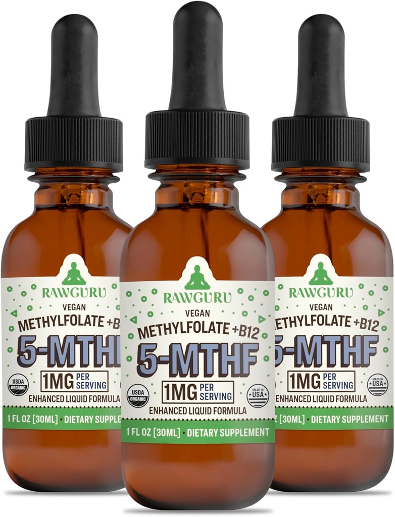 RawGuru Methylfolat 1mg + Vitamin B12 - Metode Vegan Organik B12 dengan Trace Minetal - Nano - Diproses & Enhanced Liquid Formula - 300 Pelayan Vegan Drops per 30 ml, Paket 3