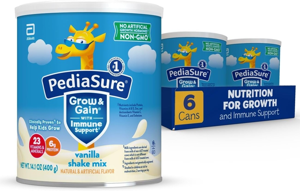 PediaSure Grow & Gain dengan dukungan Imune Shake Mix Powder, 23 Vitamin & Minemins, 6g Protein, Non-GMO, Glten- Free, Anak Nutres, Vanilla, 14.1 oz Can, pak 648 porsi