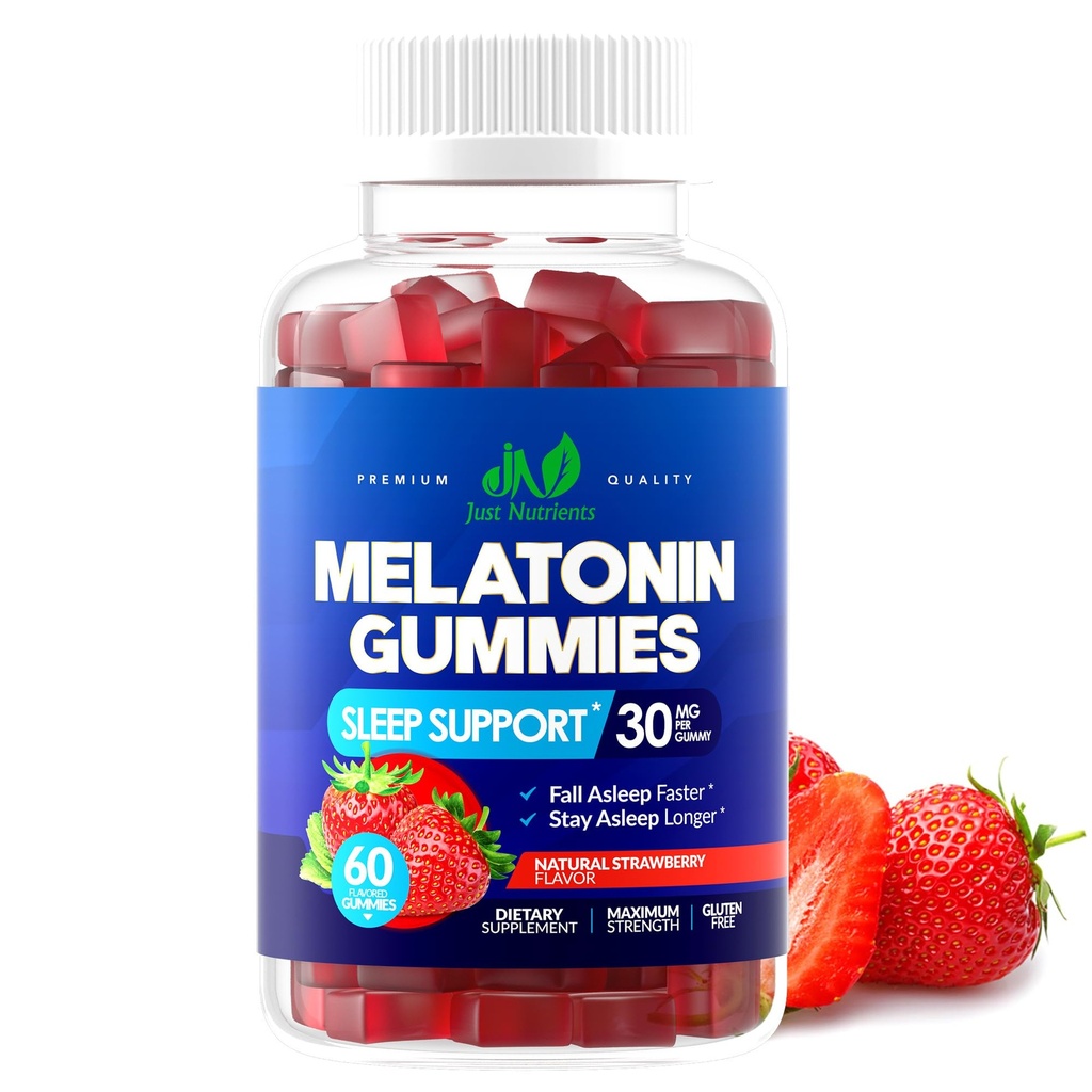 Melonain 30mg Gummies for Adules (60 pelayan) - Maximum Power Sleep Duck with 30mg of Melonalin Per Gummy - Gluten- Free, Sugar- Free, Non-GMO, 100% Vegetarian, Strawberry Flavor - 60 Gummies
