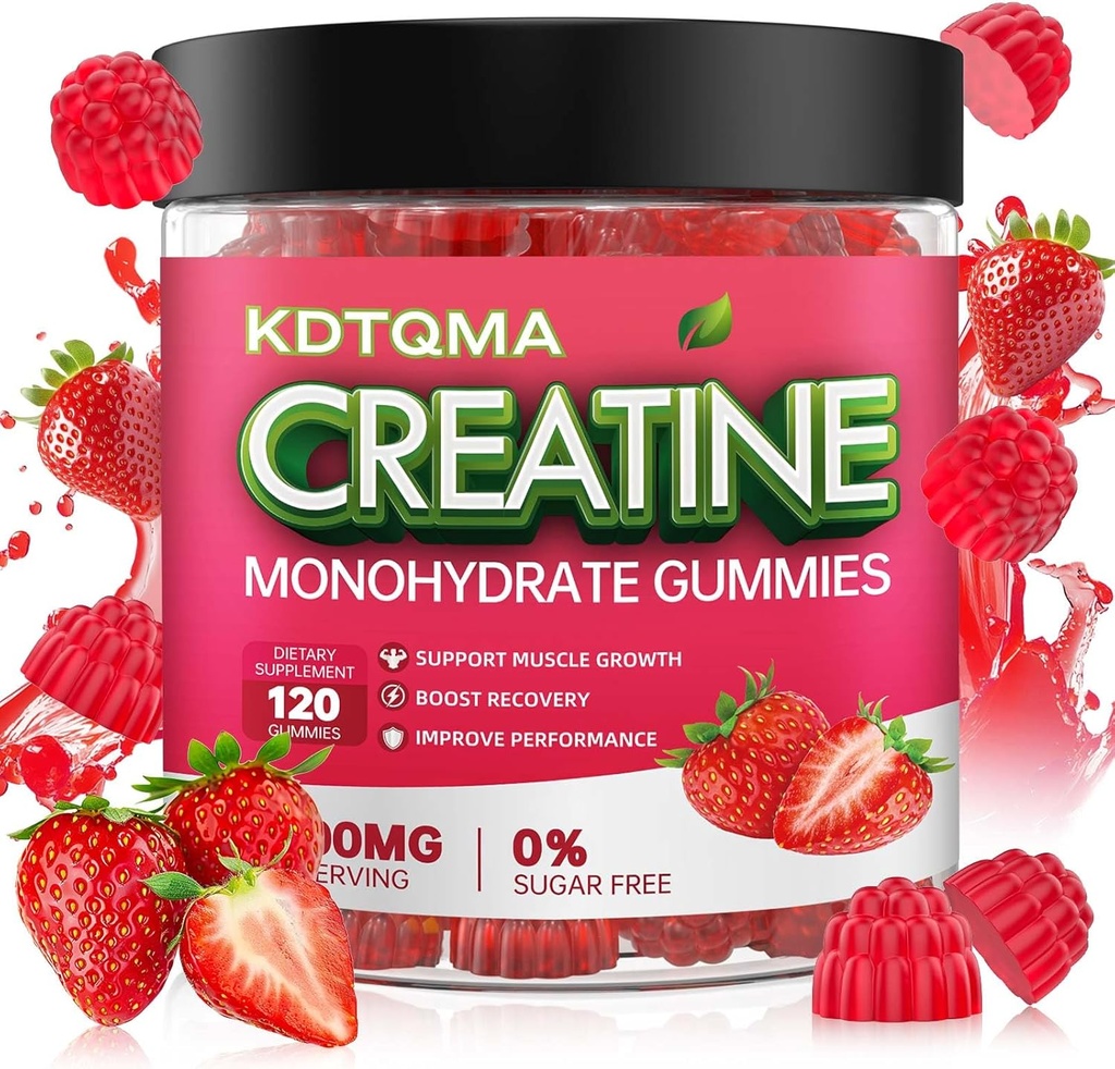 Cretine Monohydrate Gummies for Men & Women 120 CT - 5600mg dari Creatine Monohydrate per Serving, Chewable Creatine Monohydrate for Muscle Duction Boost, Sugar Free, Vegan (Strawberry Flavor)