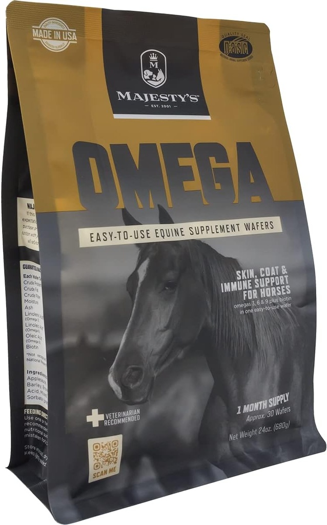 Omega Wafers Mulia - Kuda Superior / Equine Skin, Coat, dan Tambahan Dukungan Imune - Omega 3, 6, 9, dan Biotin - 30 Hitung (Persediaan Bulan 1)