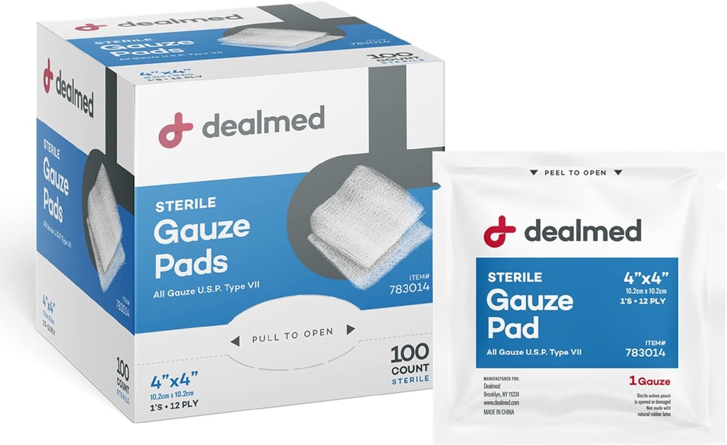 Dealmed 4 "x 4" Sterile Gauze Pads (100 Count) Disposable dan Individually Wrapped Medical Gauze Pads, Wound Care Product for First Aid Kit dan Fasilitas Medis (Paket 1)