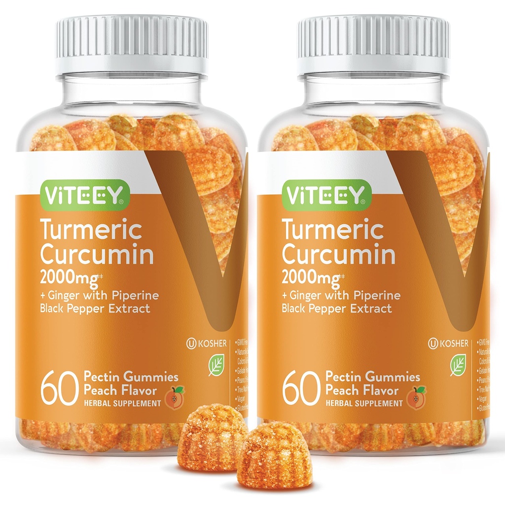 Turmeric Curcumin Gummies dengan Ginger & Black Pepper Herbal Suplemen, 2000mg, Hammune Dukungan, Sehat Skin, dan Gabungan Kesehatan, Vegan, Pectin Berdasarkan, untuk Orang dewasa dan Remaja - Peach Flavor (2Pack)