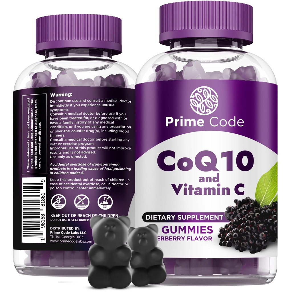 Prime CoQ10 Gummies 200mg with Vitamin C - Coenzim Q10 Antioksidant Suplemen Energi Cellular - Easy- to Take Vegan Gummies for Adults - 60 Count