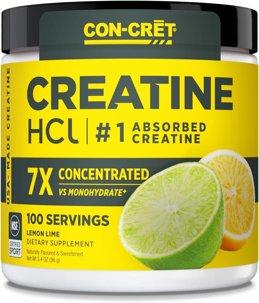 KON-CRET Creatine HCl Powder 124; Muscle, Cognitive, Cellular Energy Support; No Bloating or Cramps 14; USA Made & NSF Certified 124; Lemon Lime (100 Serving)