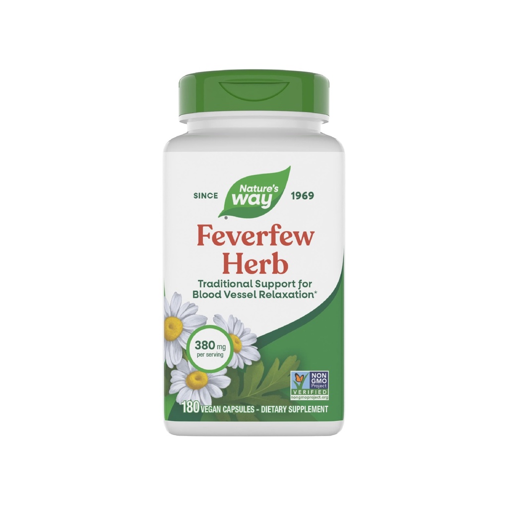 Nature 's Way Feverfew Herb, Dukungan Tradisional untuk Relaksasi Vessel Darah *, 380 mg per Serving, Proyek Non-GMO Verifikasi, 180 Vegan Feverfew Capsules (Packaging May Vary)
