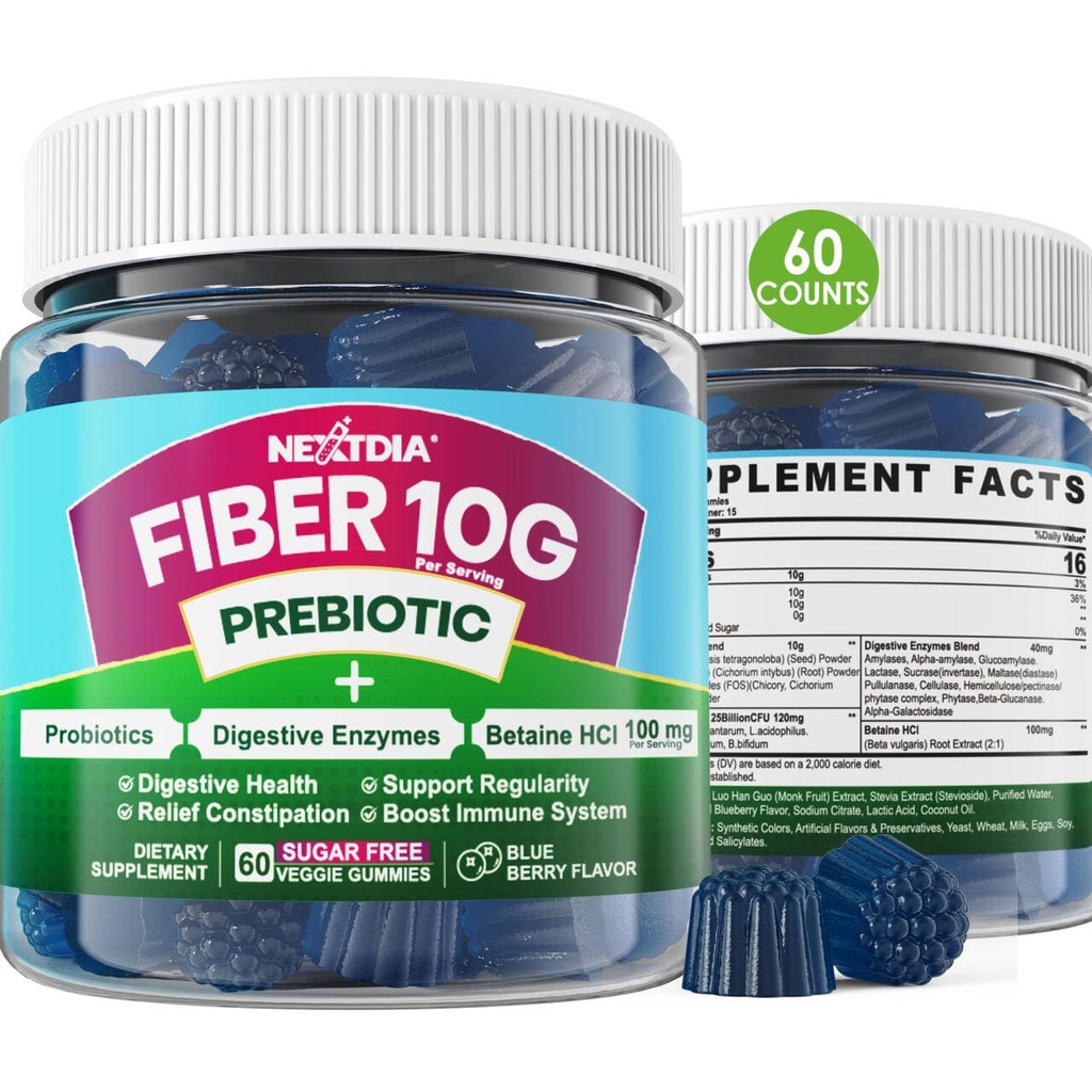Gummies Fiber for Dewasa, Sugar Free 10g Prebiotic Fiber Supplement with Digetical Enzimes, Progetic & 100mg Betaine for Digetical Health and Regulate Bowel Movement, Vegan, Gelatin Free, 60ct