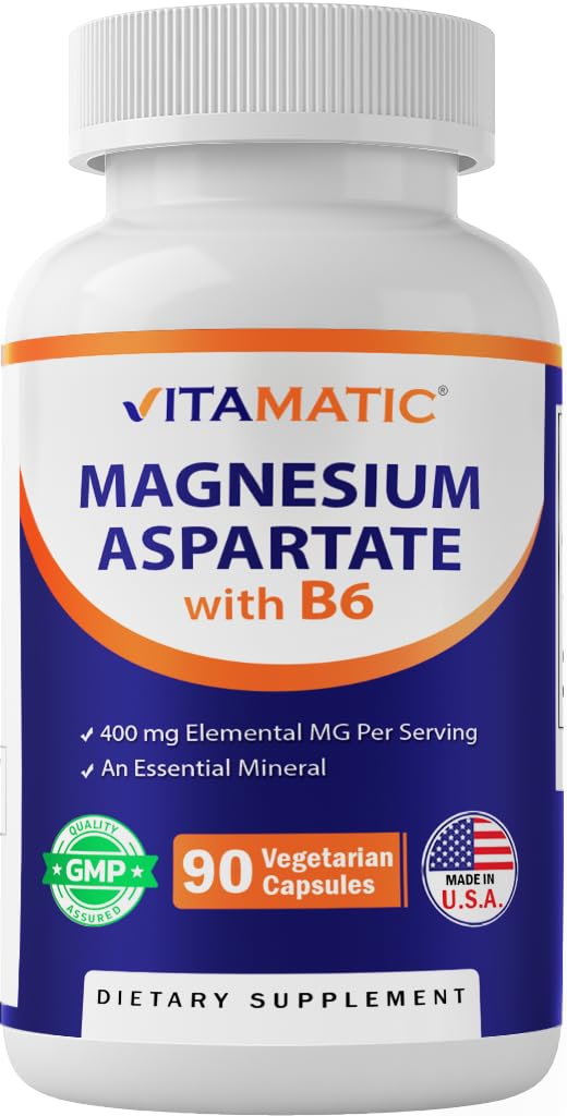 Vitamatic Magnesium Aspartate 400 mg per Serving - 90 Vegetarian Capsules - Ditambahkan B6 untuk Absorpsi Maksimum - Pasokan Otot, Gabungan, dan Kesehatan Jantung *