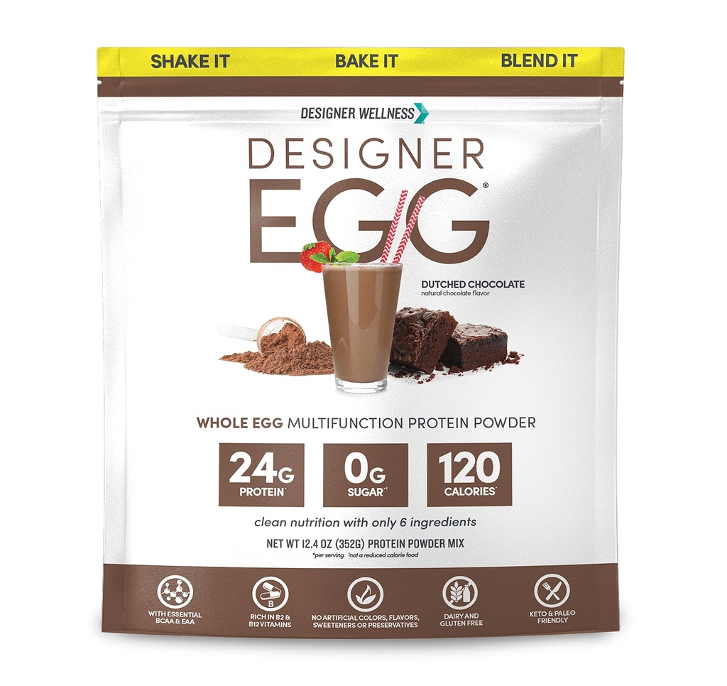 Designer Wellness, Designer Egg, Natural Egg Yolk & White Protein Powder, Keto dan Paleo Friendly, Low Calorie, Kurang Fat and Cholesterol, Dutch Chocolate, 12.4 Ounce