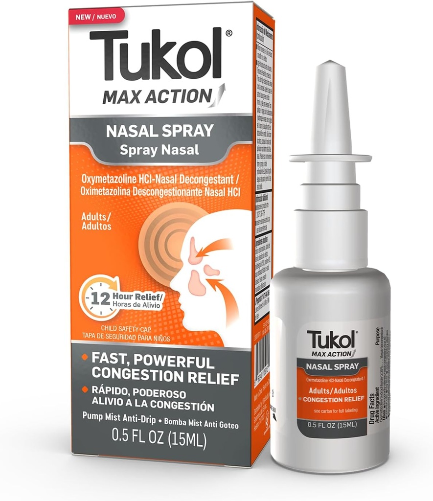 TuKOL Max Action Nasal Spray, Oxymetazoline Nasal Decongestant Spray for Dewasa, Fast Stuffy Nose & Sinus Relief Konsulsi, 12 Hour Nose Spray Decongestant, 0.5 FL oz