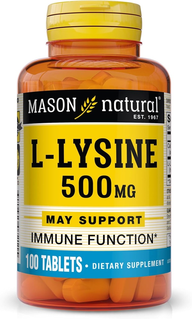 MASON NATURAL L- Lysine 500 mg with Calcium - Imported Immune Fungsi, Enhanced Nutrient Absorpsi, Estible Amino Aciid, 100 tablet