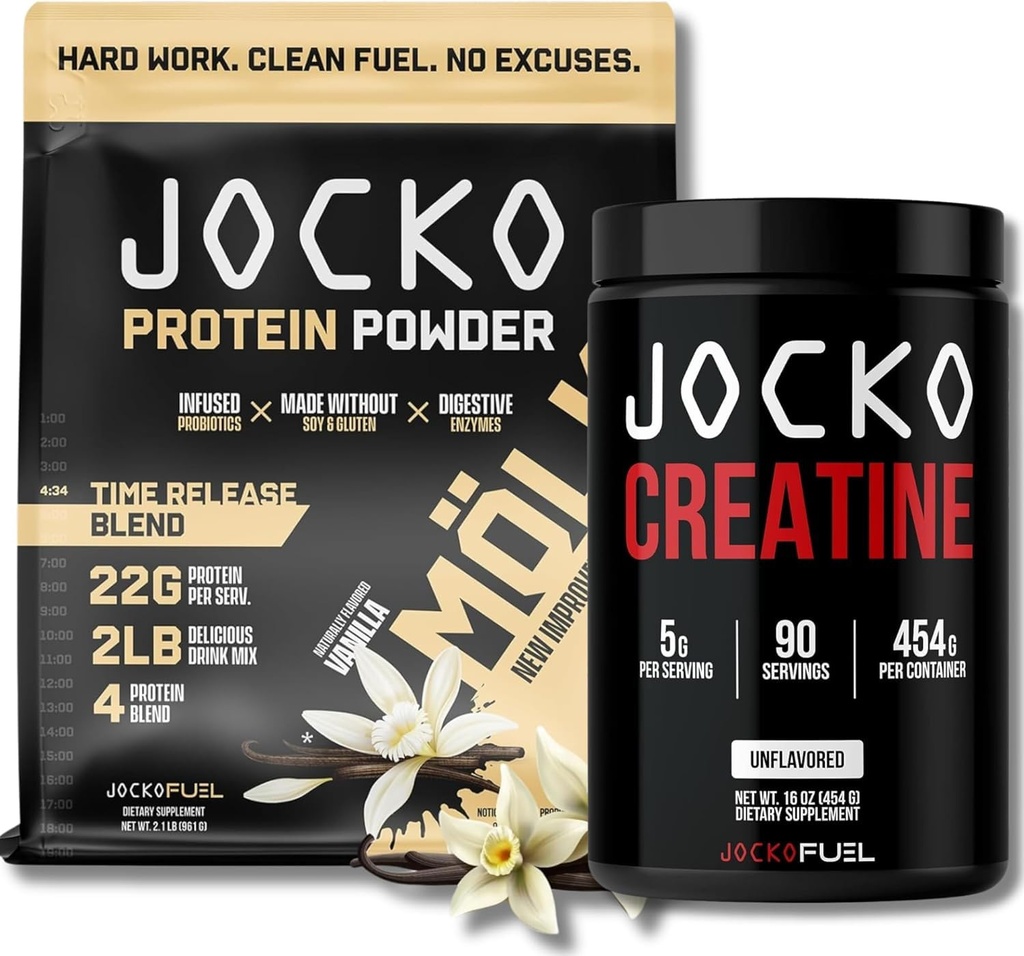 Jocko Fel Bundle - Vanilla Mölk Protein Powder + Creatine Monohydrate Powder for Men & Women - Bundle for Atheltic Performance, Recovery, & Muscle Growth