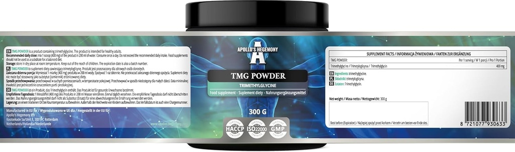 APollo 'S HEGEMONY TMG Powder 300g - Betaine - 2000mg Trimethylglycine per Serving - 150 Serving per Pack - Tidak ada tambahan - Branched Chain Acids