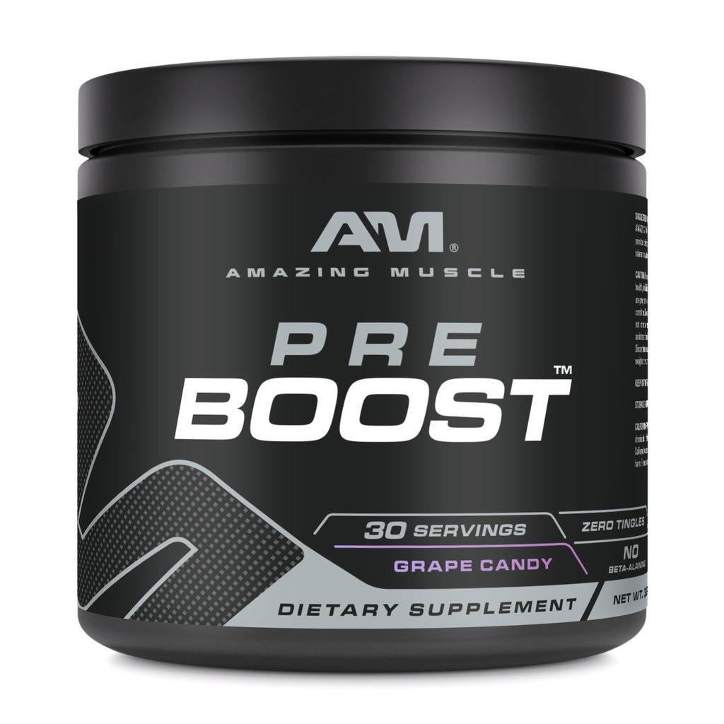 Amazing Muscle Pre Boost 12.4; 30 pelayan: 124; 324 Grams Powder 124; Pre Workout Supplement 124; Made in USA (30 Servis, Natural Grape Candy)