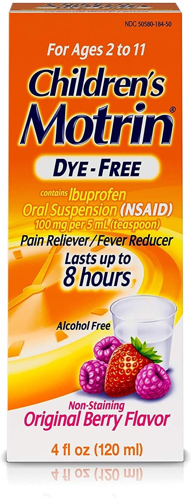 Johnson dan Johnson Motrin Chidrens Formula, 4 oz, Dye- Free, Berry
