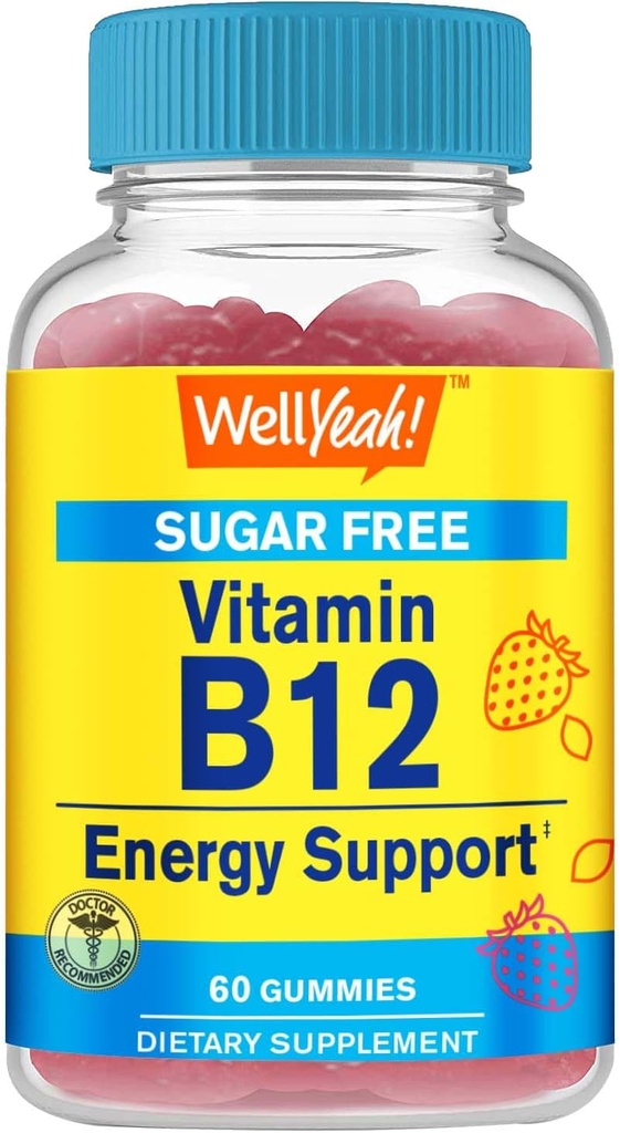 Welly Vitamin B12 100mcg Sugar Free Gummies: 124; Dietary Supplement A124; untuk Energi dan Metabolisme Dukungan pada 124; Strawberry Flavor 124; 60 Count