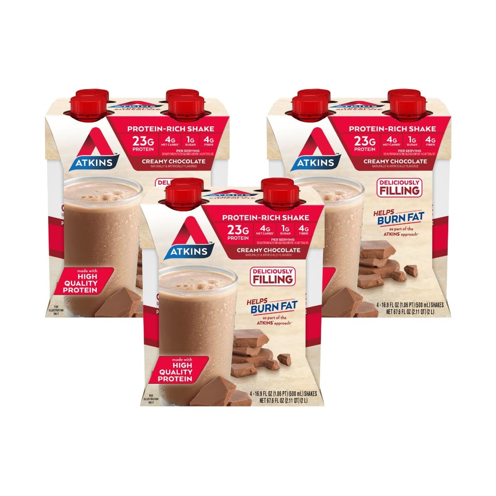 Atkins Creamy Chocolate Meal Ukuran Protein Shake, 23g Protein, rendah Glycemic, 4g Net Carb, 1g Sugar, Keto Friendly, 12 Count