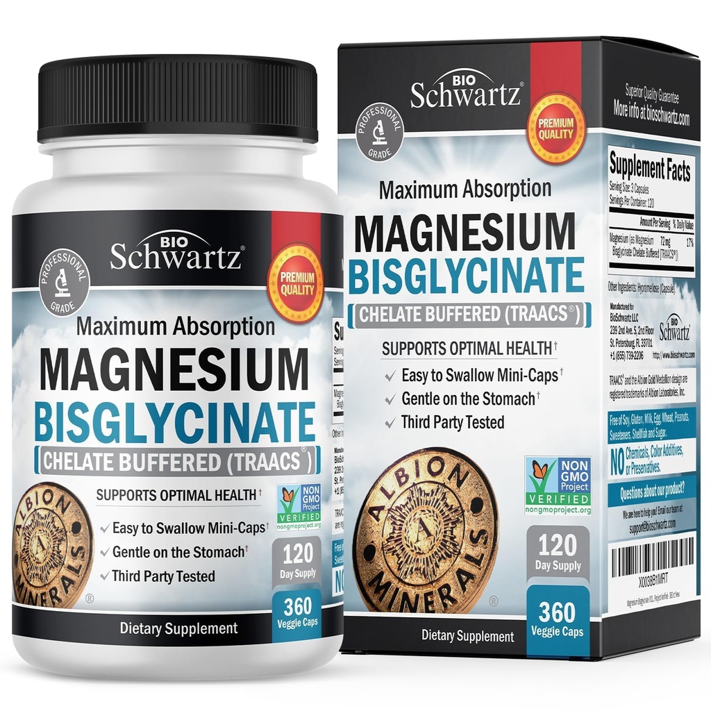 Suplemen Magnesium Bisglycinate - Tambahan Absorpsi Magnesium Tinggi untuk Muscle, Bone & Joint Dukungan, Non-Laxative, Buffered Non-GMO, Bioavability Maksimum - 360 Capsules