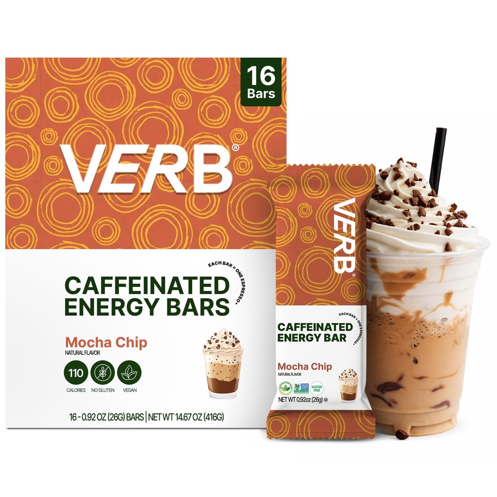 Verb Caffeinated Energy Bars Mocha Chip (26g, Paket 16) 10- Calorie Delicious Sugar Energy Bar Low - Vegan Gluten Free On- Go Snack dengan 80mg Tea Caffeine Hijau, Hanya Real- Food Ingrements