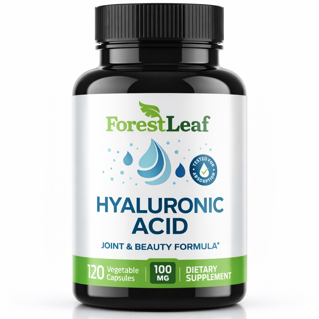 ForestLeaf Hyaluronic Acids Suplemen 124f, 100mg High Biovailable Dietary Hyaluronic Acider Capsules + 50mg C 124; Supports Skin Hydration, Gabungan Bersama, Anti- Aging, Rambut & Nails 12.120 Caps