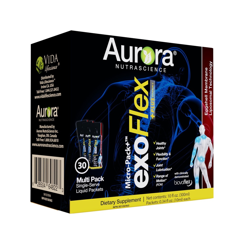 Aurora Nutrascience Micro-Pack Lipomal exoFlex + dengan Vitamin C, Dupport Joint Flexibility & Fungsi, BiovaFlex Eggshell Membrane, Curcumin & Boswellia, Strwaberry Flavor, 30 Single- Serve Packet