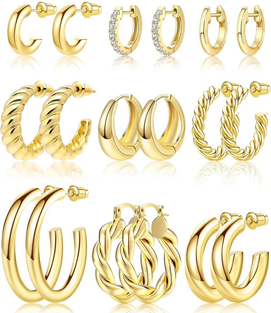 Adoyi 9 Pairs Gold Hoop Earrings Set for Womens Twisted Huggie Hoops Earrings 14K 18K Gold Plated for Girls Valentines Mother 's Gifts Lighlable