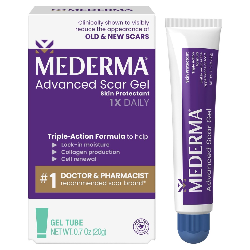 Mederma Advanced Scar Gel - Treats Old & New Scars, Reduces of Skies from Acne, Bedah, Burns, Injury & Stretch Marks, 0.70 Oz (20g)