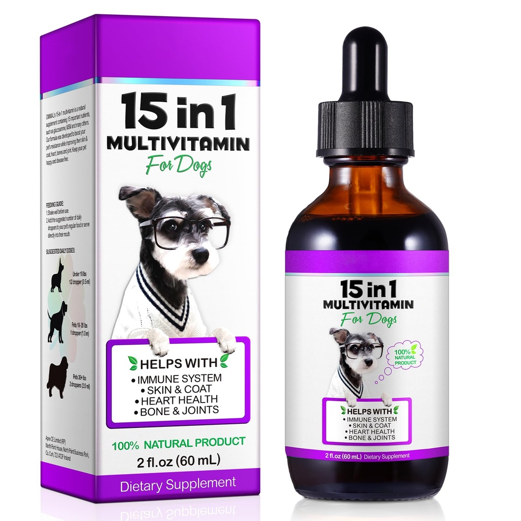 Cairan Multivitamin Anjing - 15 dari 1 Dog Vitamin Multivitamin, Dukung Skin & Coat, Heart, Bones and Joint Health, Pet Vitamin dan Suplemen (2 Fl Oz)