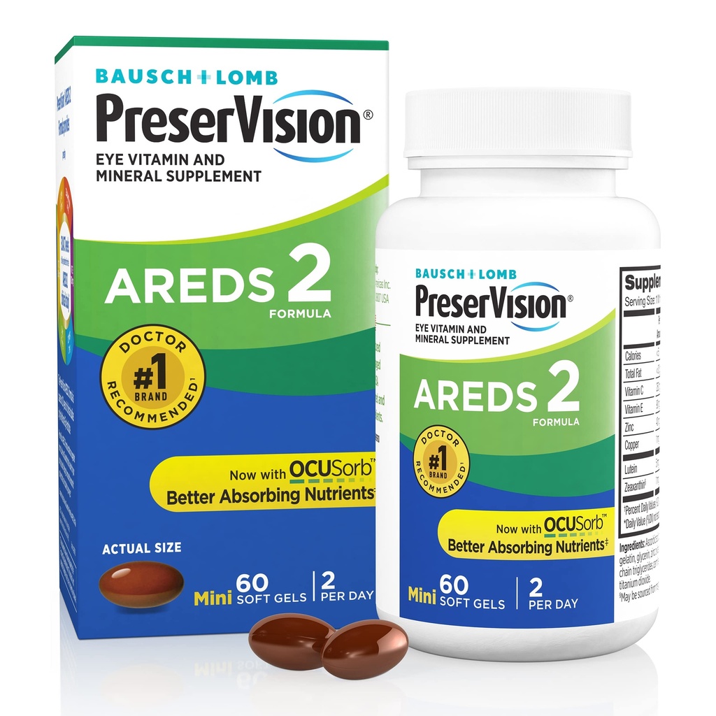 PreserVision AREDS 2 Eye Vitamin, # 1 Dokter Mata Disarankan Brand, Lutein dan Dalxanthin Tambahan dengan Vitamin C, Vitamin E, Zinc, dan Copper, 60 Softgels (Minigels)