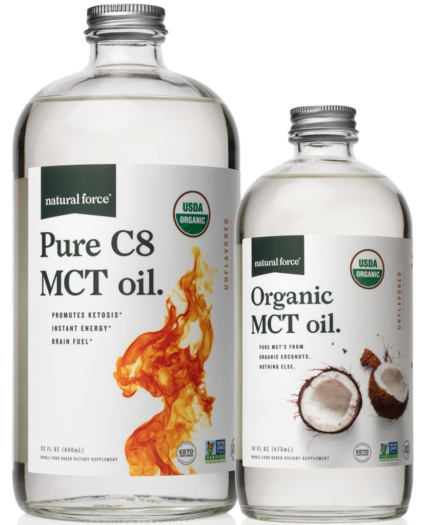 Natural Force Organic Pure C8 + Organic Full Spectrum MCT Minyak - USDA Organik, Non GMO, 100% Murni Coconut MCTs - Keto, Paleo, Vegan, dan Kosher - 32 Oz & 16 Oz Glass Bottles